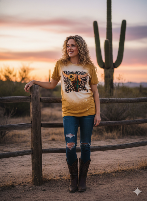 Leopard Print Steer Skull Graphic Tee | Bella + Canvas 3001 Mustard Yellow Unisex T-Shirt | Boho Western Bleached Top | Desert Cactus & Sunflower Apparel