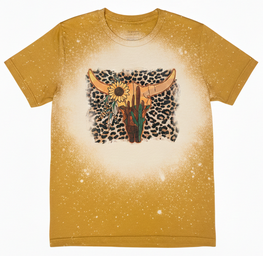 Yellow t-shirt with a graphic design on a white background