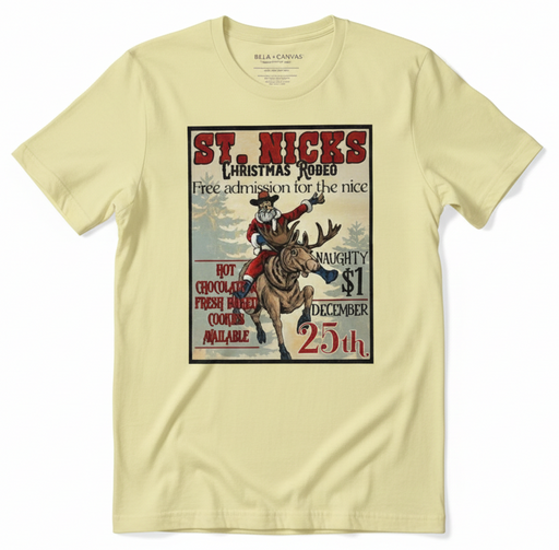 Beige t-shirt with a Christmas-themed graphic on a white background