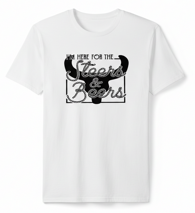White t-shirt with black graphic and text 'I'm here for the Steers & Beers' on a white background