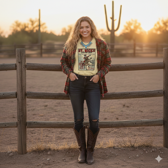 St. Nick’s Christmas Rodeo Graphic Tee | Vintage Santa Reindeer T-Shirt | Retro Cowboy Christmas Apparel | Western Holiday Graphic Top