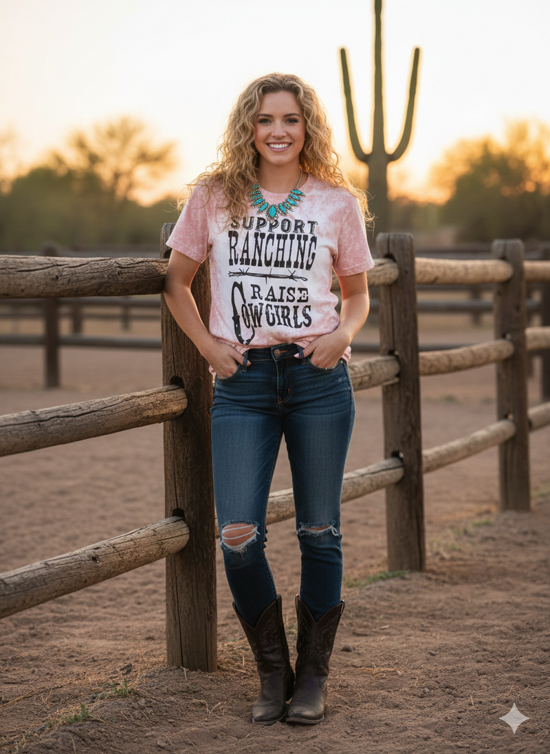 Support Ranching Raise Cowgirls Bleached Tee | Bella + Canvas 3001 Heather Peach Western T-Shirt | Distressed Sunset Peach Rancher Top | Cowgirl Lifestyle Boutique Tee