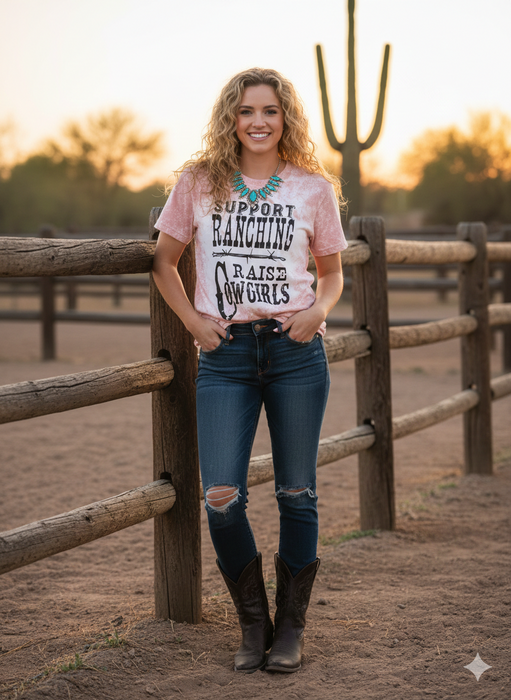 Support Ranching Raise Cowgirls Bleached Tee | Bella + Canvas 3001 Heather Peach Western T-Shirt | Distressed Sunset Peach Rancher Top | Cowgirl Lifestyle Boutique Tee