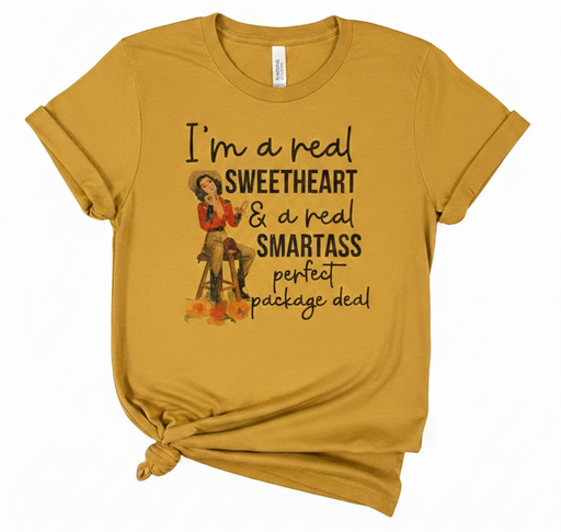 Mustard yellow t-shirt with graphic and text on a white background