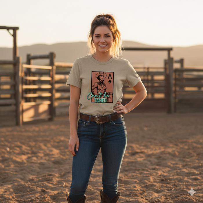 Can’t Be Tamed Cowgirl T-Shirt | Retro Ace of Spades Western Graphic Tee | Rowdy Rowels