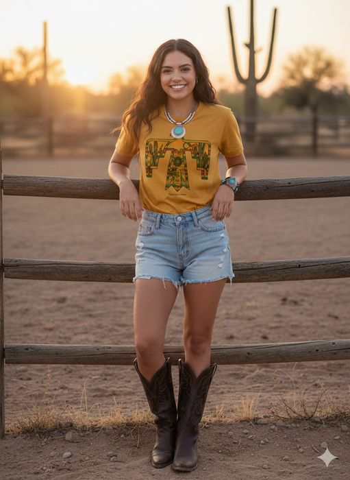 Thunderbird Desert Landscape Graphic Tee | Mustard Yellow Western Thunderbird T-Shirt | Retro Cowgirl Cactus & Mesa Scene Top
