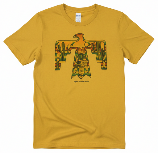 Yellow t-shirt with a graphic design of an eagle and cactus on a white background