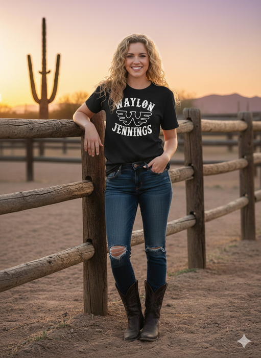 Waylon Jennings Outlaw Country Graphic Tee | Bella + Canvas 3001 Black Unisex T-Shirt | Retro Flying W Music Shirt | Vintage Western Rebel Country Top