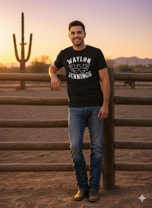 Waylon Jennings Outlaw Country Graphic Tee | Bella + Canvas 3001 Black Unisex T-Shirt | Retro Flying W Music Shirt | Vintage Western Rebel Country Top