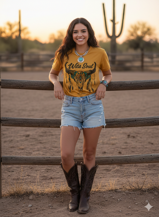 Wild Soul Mustard Bull Skull Graphic Tee | Boho Western Turquoise & Feather T-Shirt | Premium Cowgirl Style Mustard Yellow Top
