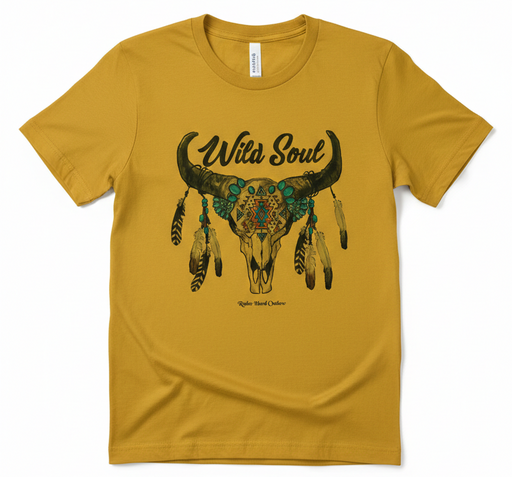 Mustard yellow t-shirt with a bull skull and feathers graphic on a white background
