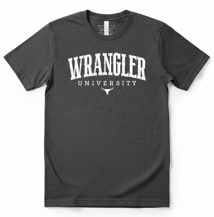 Dark gray t-shirt with 'Wrangler University' text on a white background
