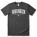 Dark gray t-shirt with 'Wrangler University' text on a white background